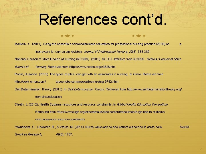 References cont’d. Mailloux, C. (2011). Using the essentials of baccalaureate education for professional nursing