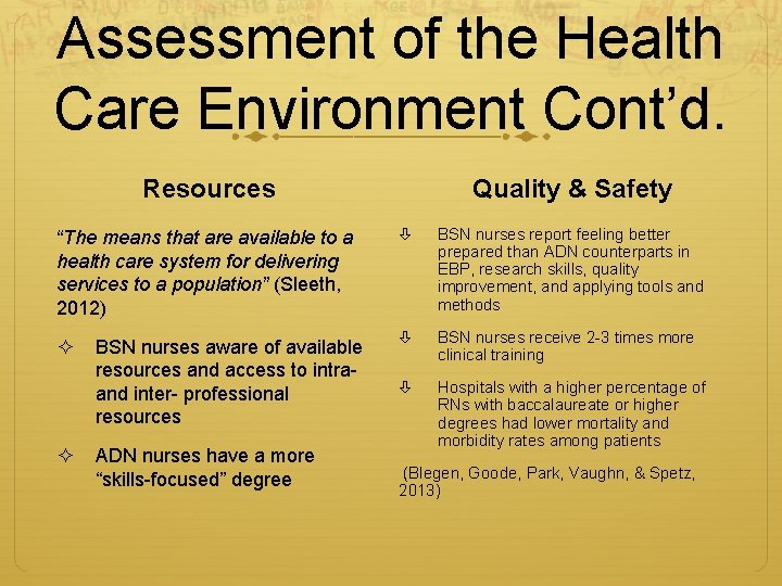 Assessment of the Health Care Environment Cont’d. Resources Quality & Safety “The means that
