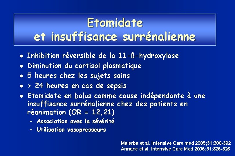 Etomidate et insuffisance surrénalienne Inhibition réversible de la 11 -ß-hydroxylase Diminution du cortisol plasmatique