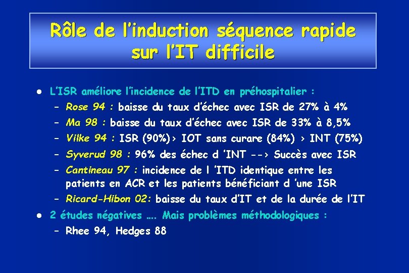Rôle de l’induction séquence rapide sur l’IT difficile L’ISR améliore l’incidence de l’ITD en