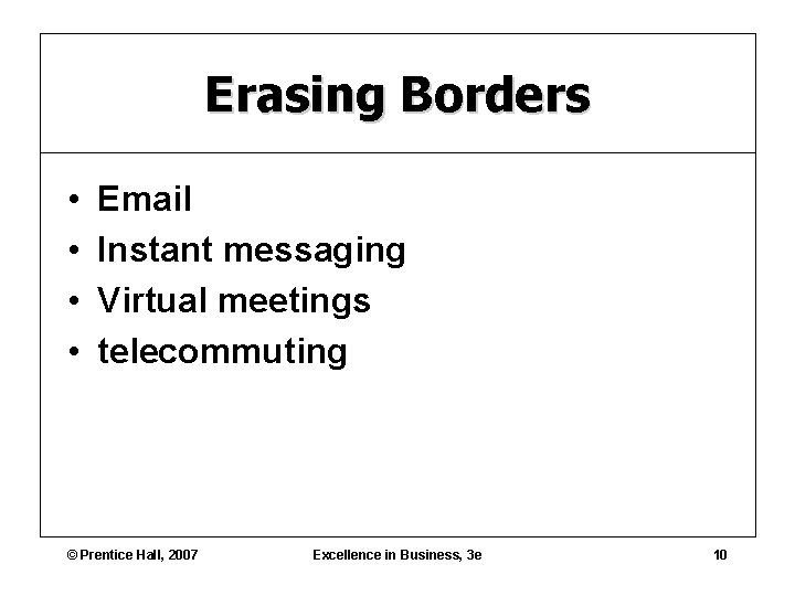Erasing Borders • • Email Instant messaging Virtual meetings telecommuting © Prentice Hall, 2007