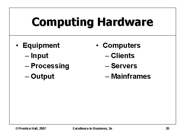 Computing Hardware • Equipment – Input – Processing – Output © Prentice Hall, 2007