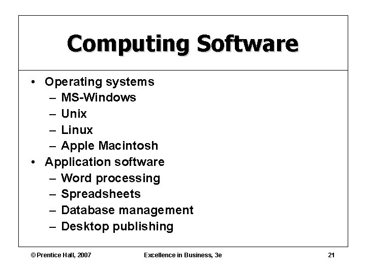 Computing Software • Operating systems – MS-Windows – Unix – Linux – Apple Macintosh