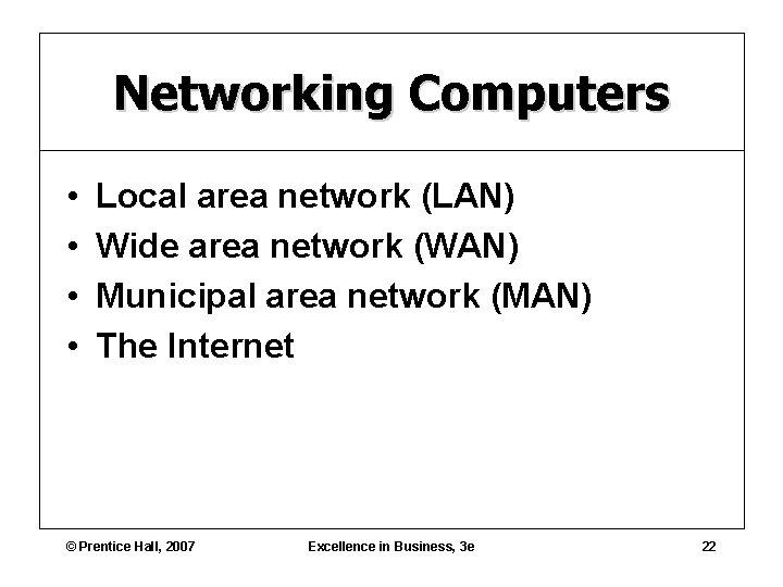 Networking Computers • • Local area network (LAN) Wide area network (WAN) Municipal area