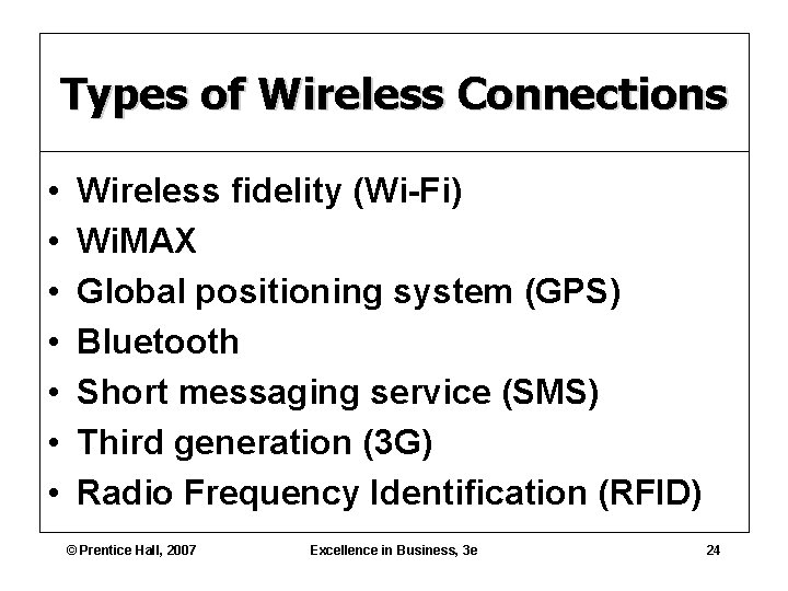 Types of Wireless Connections • • Wireless fidelity (Wi-Fi) Wi. MAX Global positioning system