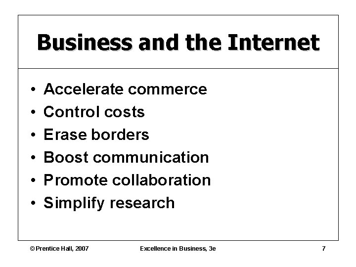 Business and the Internet • • • Accelerate commerce Control costs Erase borders Boost