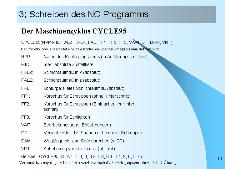 3) Schreiben des NC-Programms Der Maschinenzyklus CYCLE 95(NPP, MID, FALZ, FALX, FAL, FF 1,