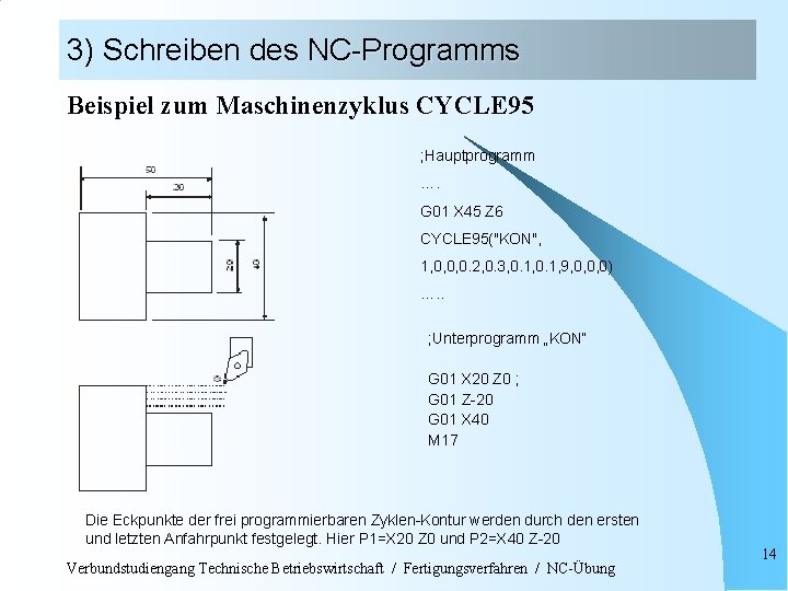 3) Schreiben des NC-Programms Beispiel zum Maschinenzyklus CYCLE 95 ; Hauptprogramm …. G 01