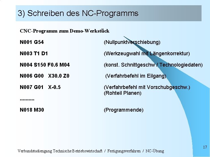 3) Schreiben des NC-Programms CNC-Programm zum Demo-Werkstück N 001 G 54 N 003 T