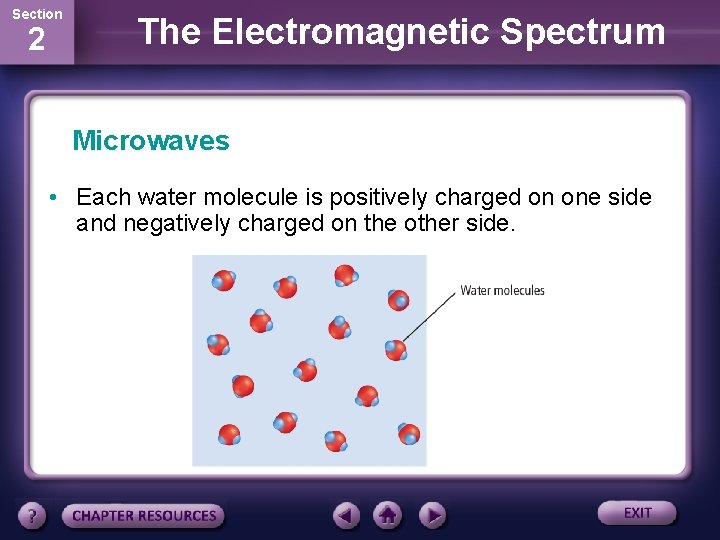 Section 2 The Electromagnetic Spectrum Microwaves • Each water molecule is positively charged on