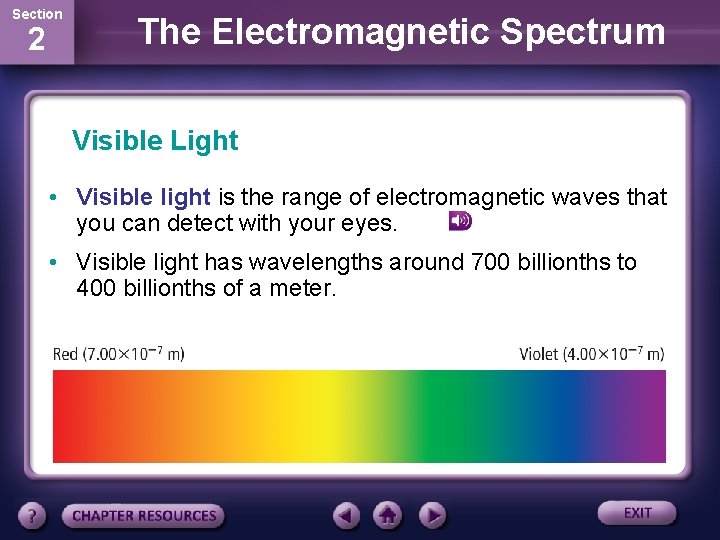 Section 2 The Electromagnetic Spectrum Visible Light • Visible light is the range of