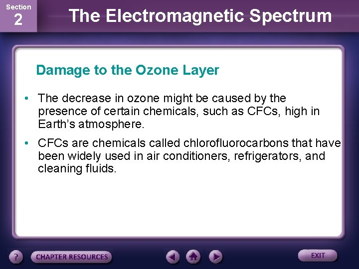 Section 2 The Electromagnetic Spectrum Damage to the Ozone Layer • The decrease in