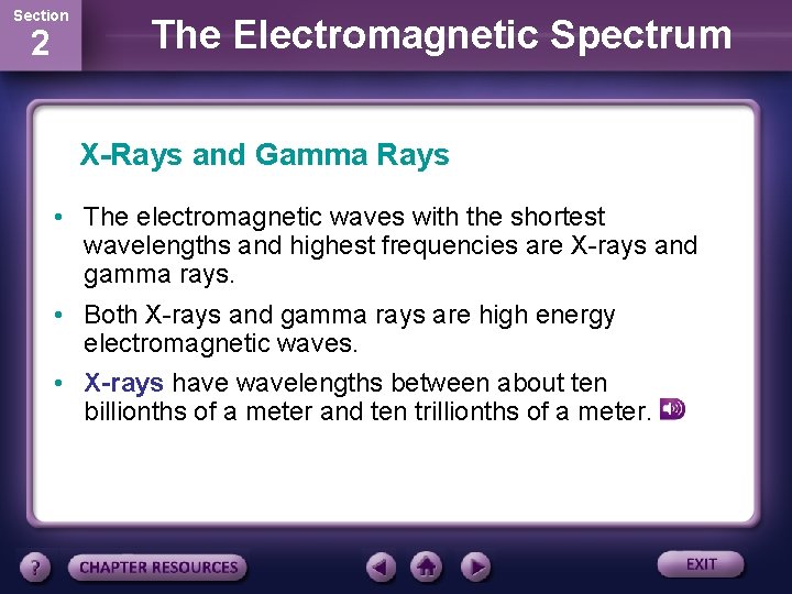 Section 2 The Electromagnetic Spectrum X-Rays and Gamma Rays • The electromagnetic waves with