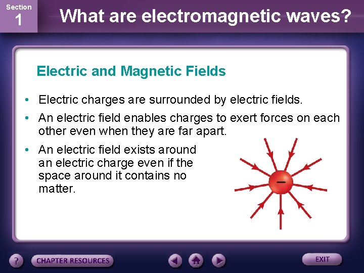 Section 1 What are electromagnetic waves? Electric and Magnetic Fields • Electric charges are