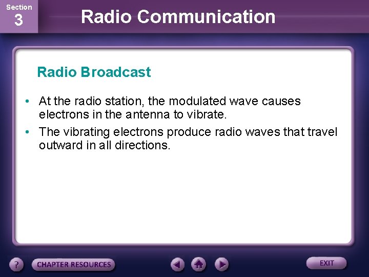 Section 3 Radio Communication Radio Broadcast • At the radio station, the modulated wave