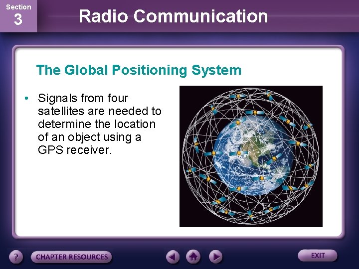 Section 3 Radio Communication The Global Positioning System • Signals from four satellites are
