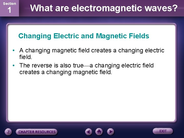 Section 1 What are electromagnetic waves? Changing Electric and Magnetic Fields • A changing