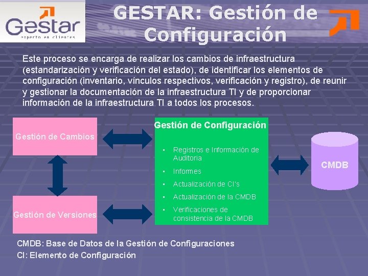 GESTAR: Gestión de Configuración Este proceso se encarga de realizar los cambios de infraestructura