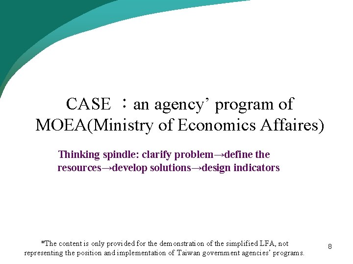 CASE :an agency’ program of MOEA(Ministry of Economics Affaires) Thinking spindle: clarify problem→define the CASE :an agency’ program of MOEA(Ministry of Economics Affaires) Thinking spindle: clarify problem→define the