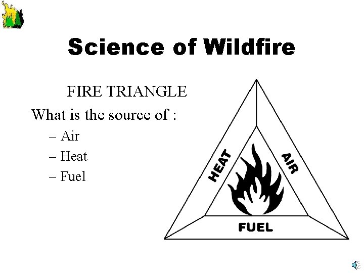 Science of Wildfire FIRE TRIANGLE What is the source of : – Air –