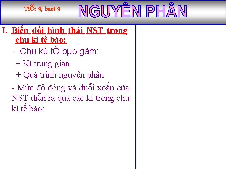 Tiết 9, baøi 9 I. Biến đổi hình thái NST trong chu kì tế