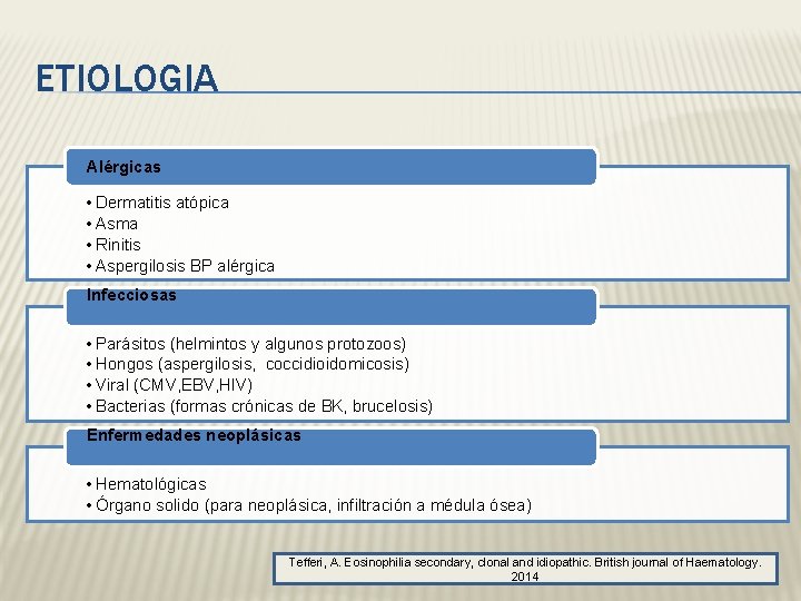 ETIOLOGIA Alérgicas • Dermatitis atópica • Asma • Rinitis • Aspergilosis BP alérgica Infecciosas