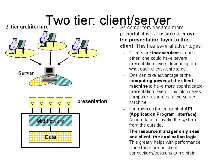 Two tier: client/server 2 -tier architecture • Server c c Middleware Data c presentation