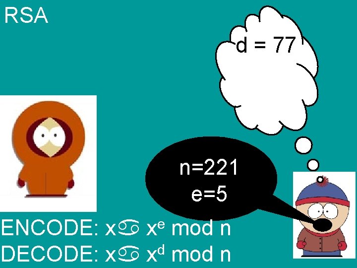 RSA d = 77 n=221 e=5 ENCODE: x xe mod n DECODE: x xd