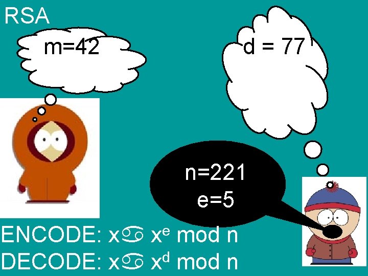 RSA m=42 d = 77 n=221 e=5 ENCODE: x xe mod n DECODE: x