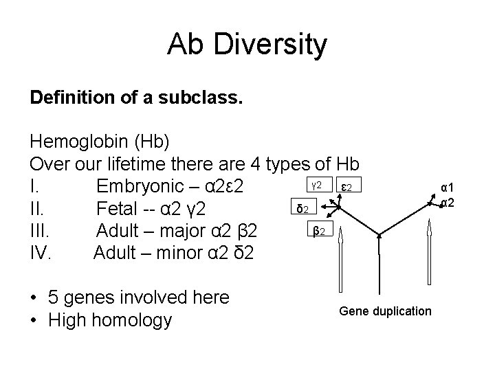Ab Diversity Definition of a subclass. Hemoglobin (Hb) Over our lifetime there are 4