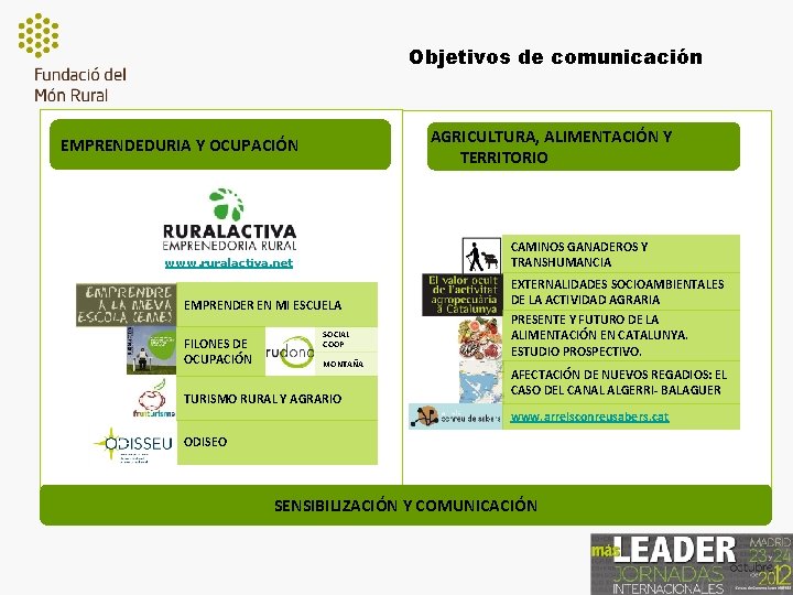 Objetivos de comunicación AGRICULTURA, ALIMENTACIÓN Y TERRITORIO EMPRENDEDURIA Y OCUPACIÓN CAMINOS GANADEROS Y TRANSHUMANCIA