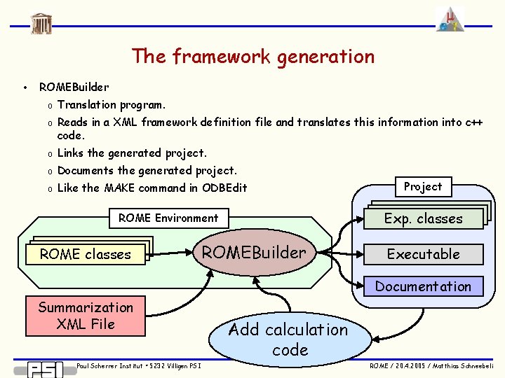 The framework generation • ROMEBuilder o Translation program. o Reads in a XML framework