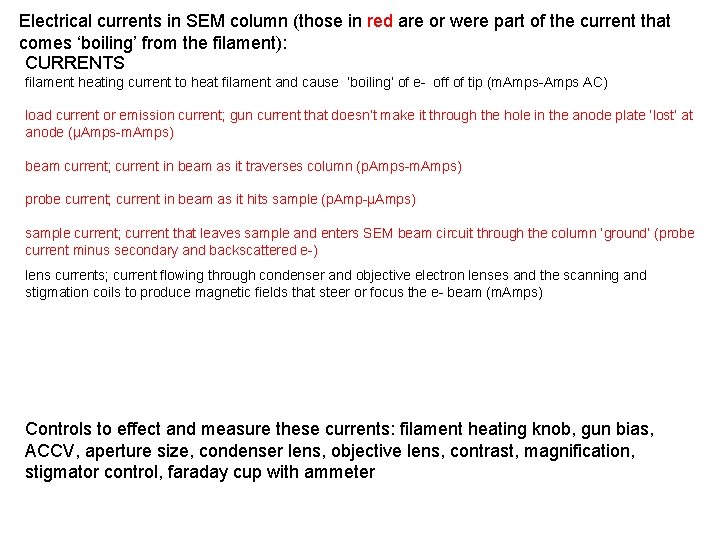 Electrical currents in SEM column (those in red are or were part of the