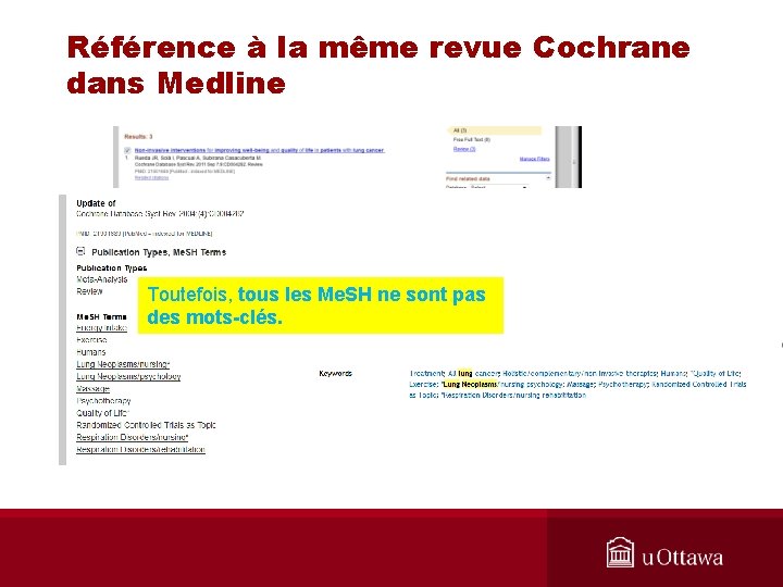 Référence à la même revue Cochrane dans Medline Toutefois, tous les Me. SH ne