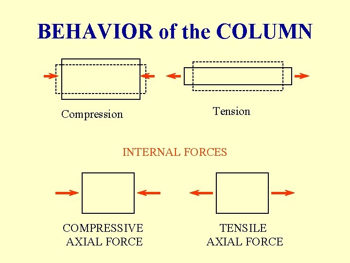 BEHAVIOR of the COLUMN Compression Tension INTERNAL FORCES COMPRESSIVE AXIAL FORCE TENSILE AXIAL FORCE