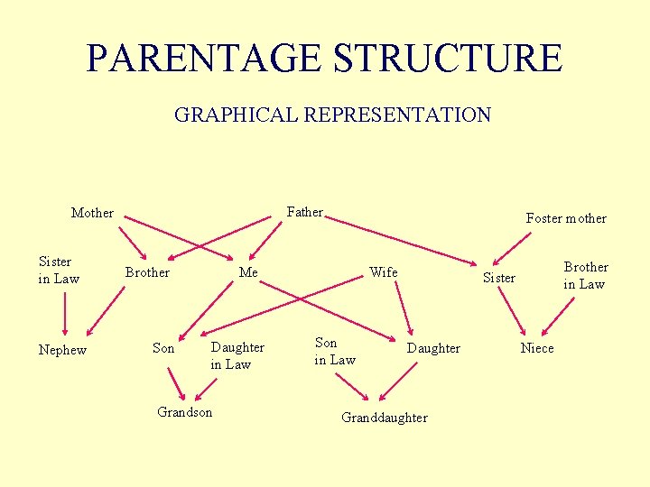 PARENTAGE STRUCTURE GRAPHICAL REPRESENTATION Father Mother Sister in Law Nephew Brother Son Foster mother