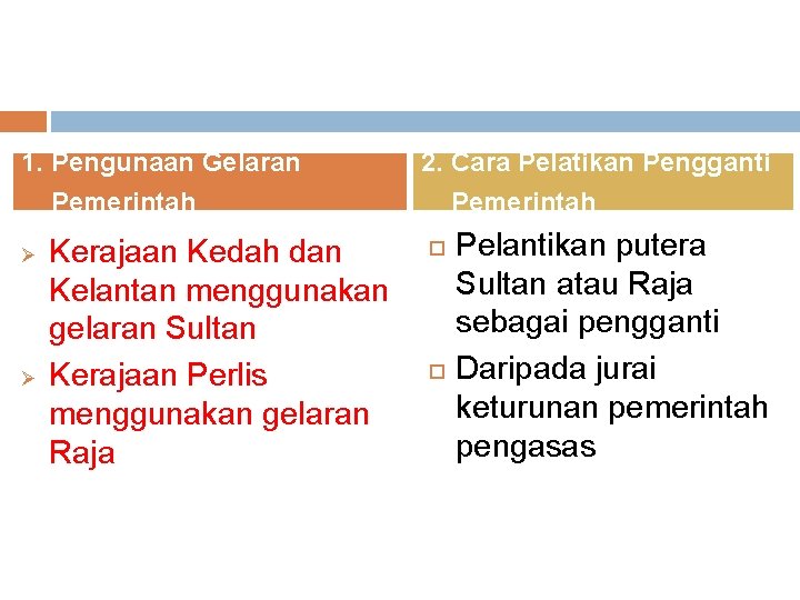 1. Pengunaan Gelaran Pemerintah Ø Ø Kerajaan Kedah dan Kelantan menggunakan gelaran Sultan Kerajaan