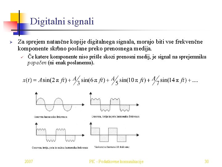 Digitalni signali Ø Za sprejem natančne kopije digitalnega signala, morajo biti vse frekvenčne komponente
