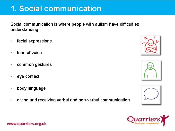 1. Social communication is where people with autism have difficulties understanding: • facial expressions