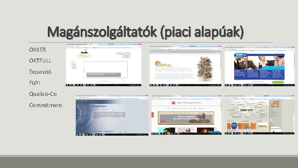Magánszolgáltatók (piaci alapúak) OKKER OKTFULL Expanzió FüPI Qualico-Co Commitment Magánszolgáltatók (piaci alapúak) OKKER OKTFULL Expanzió FüPI Qualico-Co Commitment