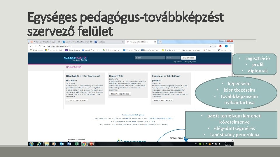 Egységes pedagógus-továbbképzést szervező felület • regisztráció • profil • diplomák • képzéseim • jelentkezéseim Egységes pedagógus-továbbképzést szervező felület • regisztráció • profil • diplomák • képzéseim • jelentkezéseim