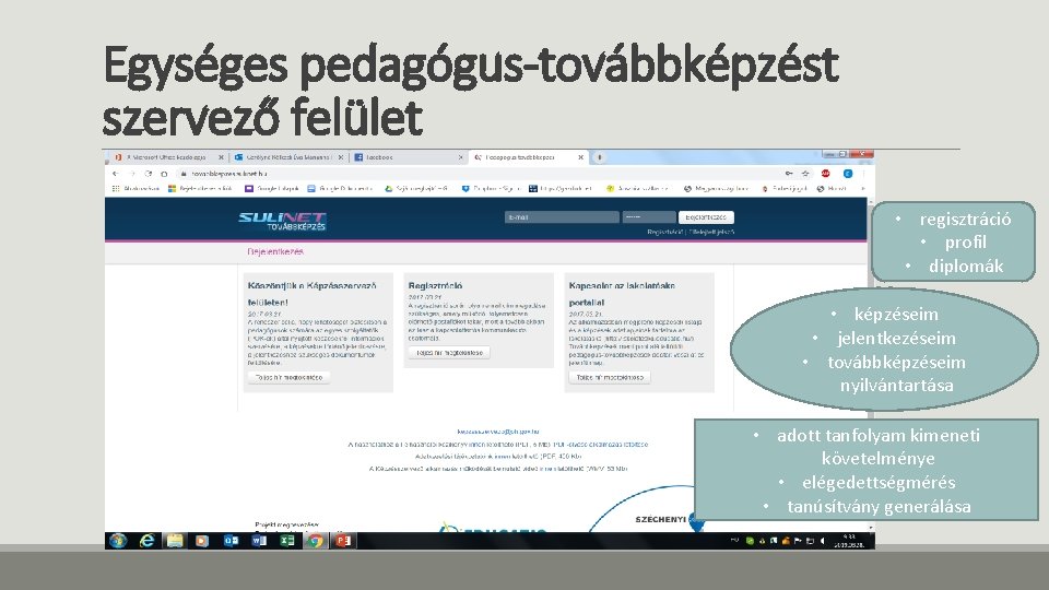 Egységes pedagógus-továbbképzést szervező felület • regisztráció • profil • diplomák • képzéseim • jelentkezéseim