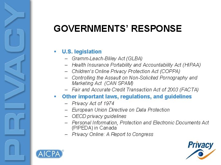 GOVERNMENTS’ RESPONSE § U. S. legislation – – Gramm-Leach-Bliley Act (GLBA) Health Insurance Portability