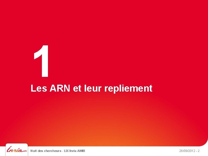 1 Les ARN et leur repliement Nuit des chercheurs - LIX/Inria AMIB 28/09/2012 -