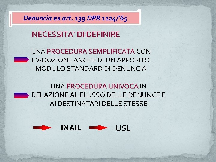 Denuncia ex art. 139 DPR 1124/’ 65 NECESSITA’ DI DEFINIRE UNA PROCEDURA SEMPLIFICATA CON