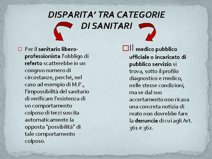 DISPARITA’ TRA CATEGORIE DI SANITARI � Per il sanitario liberoprofessionista l’obbligo di referto scatterebbe