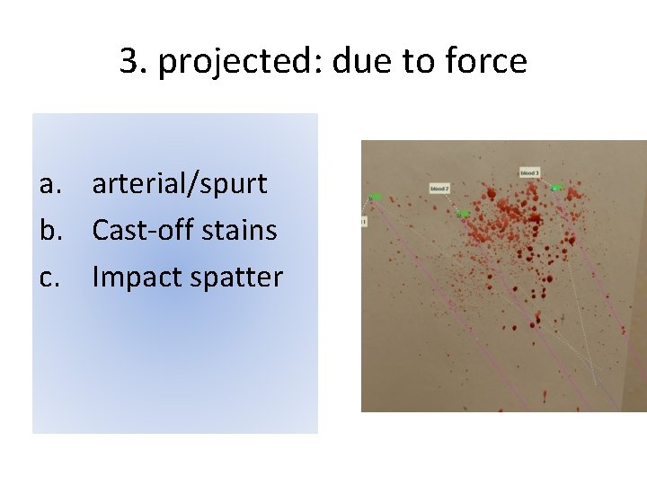 3. projected: due to force a. arterial/spurt b. Cast-off stains c. Impact spatter 
