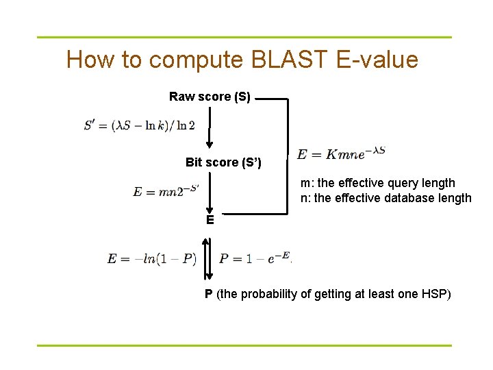 How to compute BLAST E-value Raw score (S) Bit score (S’) m: the effective