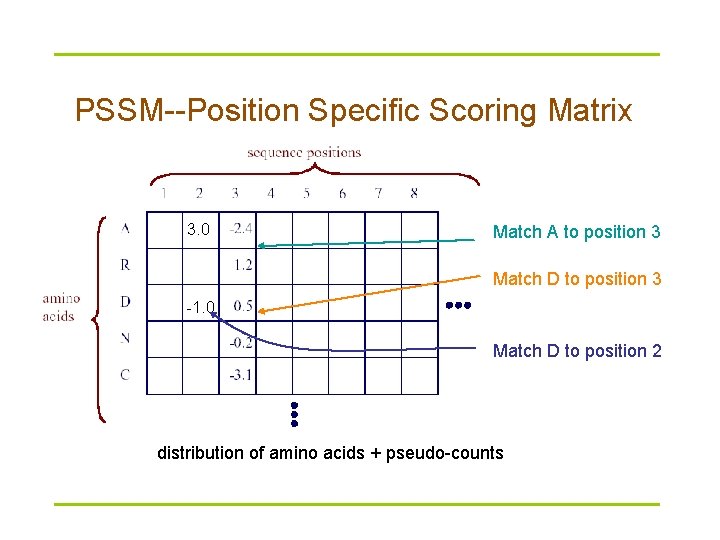 PSSM--Position Specific Scoring Matrix 3. 0 Match A to position 3 Match D to