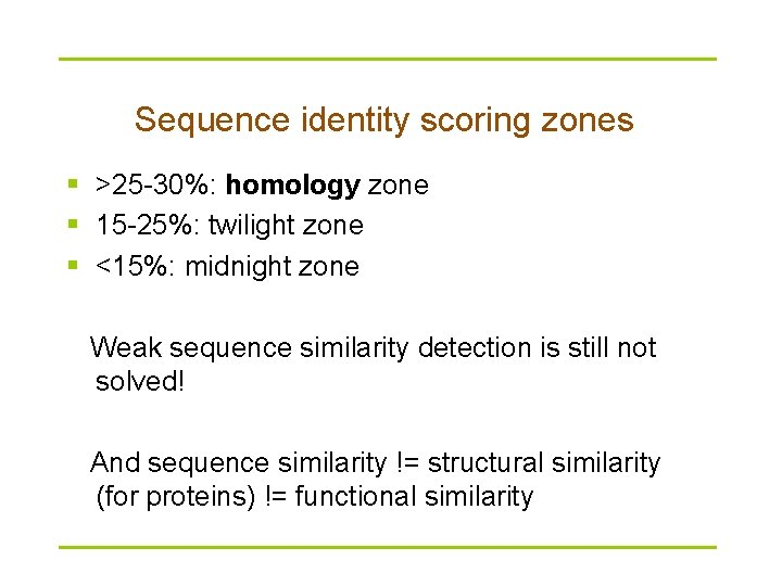 Sequence identity scoring zones § >25 -30%: homology zone § 15 -25%: twilight zone